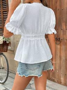 SHEIN Unity Summer Vacation V-Neck Ruffle Splicing Puff Sleeve Waist A-Line White Blouse - White - View 2