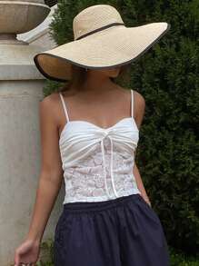 DAZY Vacation Hollow Out Lace Patchwork Drawstring Spaghetti Strap Camisole For Women, Slim Fit - White - View 6