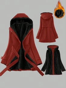 SHEIN LUNE Capa con capucha forrada térmica casual para mujer, térmica para otoño/invierno