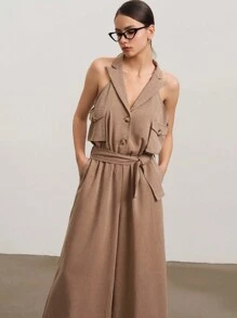 SHEIN Unity Women's Solid Color Lapel Collar Utility Pocket Wide Leg Sleeveless Casual Jumpsuit
