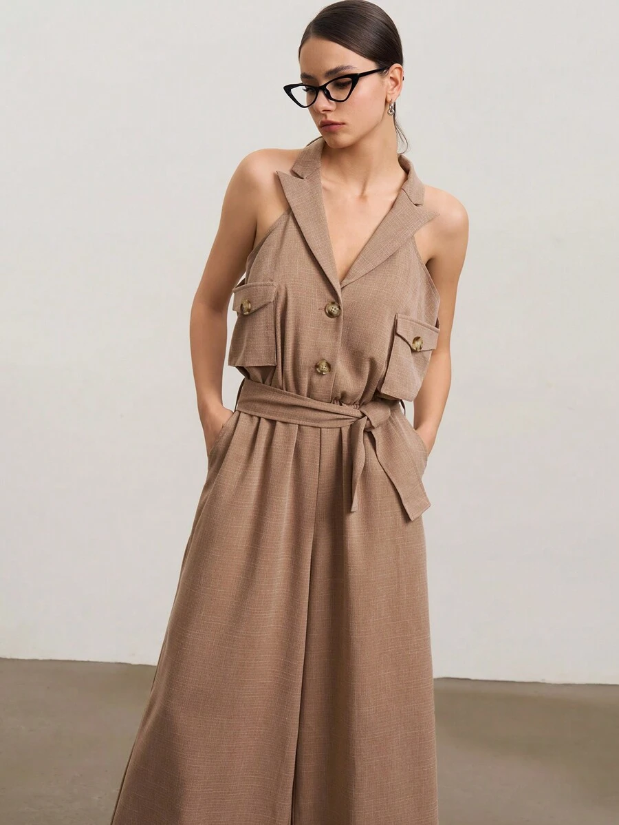 SHEIN Unity Women's Solid Color Lapel Collar Utility Pocket Wide Leg Sleeveless Casual Jumpsuit