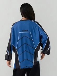 Coolane Women's Winter Going Out Racing Knit Graphics Blue Over Size Round Neck Long Sleeve T-Shirt