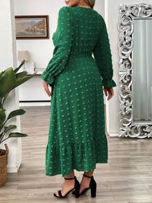 EMERY ROSE Women's Long Textured Dress With Oversized Pom Poms, Elegant Holiday Wear, Spring/Summer - Green - View 2