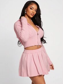 SHEIN SXY 2 件套美式甜美风格粉色毛衣套装、长袖连帽开衫和低腰百褶裙，秋冬 - 粉色 - 查看 5