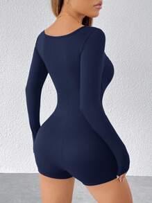 SHEIN PETITE Women'S Square Neck Long Sleeves Unitard Romper - Navy Blue - View 2