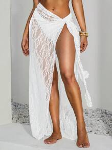 Opulessa Women  White Solid Color Knit Swimsuit With Knotted Waist Coverup & Mini Skirt For Summer Beach Vacation, Sarong, Elegant Style For Women,For Autumn And Winter