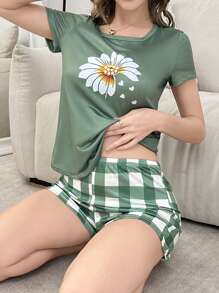 女士睡衣套装：菊花印花无袖上衣和短裤 - 彩色 - 查看 6