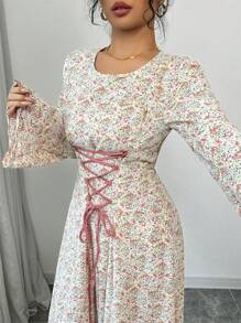 Yasmyna 女士优雅碎花交叉系带喇叭袖阿拉伯风格连衣裙，阿拉伯连衣裙，端庄 - 杏色 - 查看 2