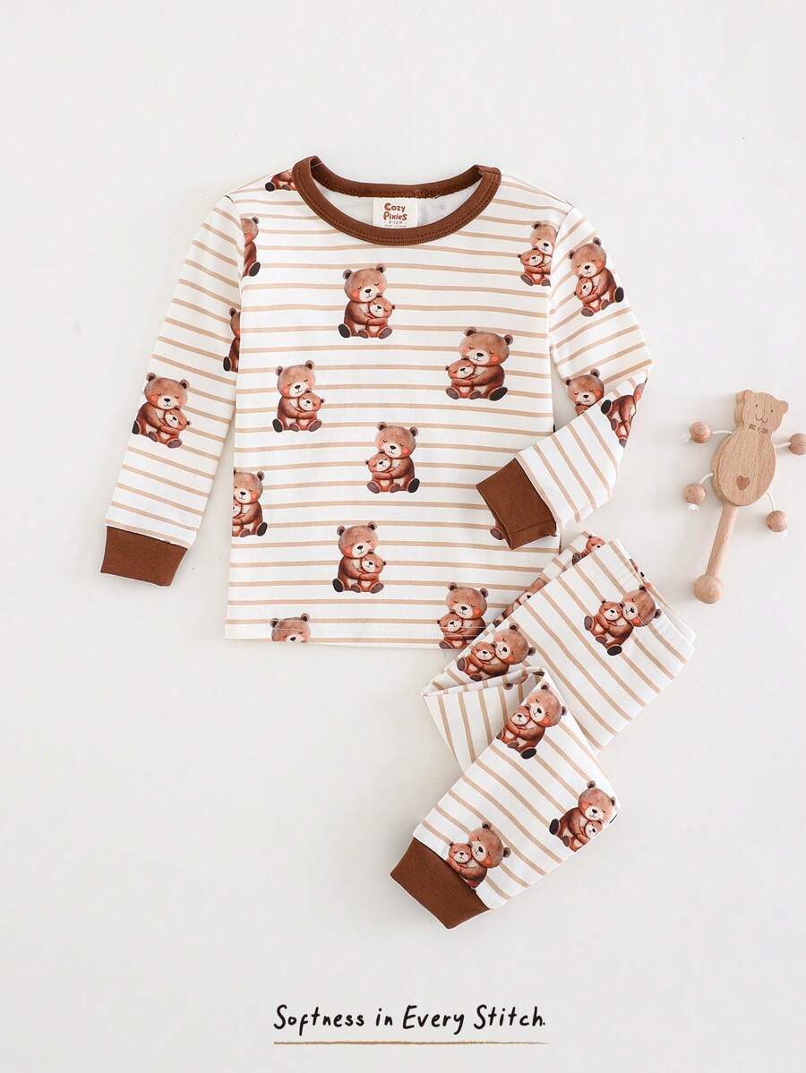 Cozy Pixies 男宝宝卡通熊图案柔软针织圆领长袖上衣和松紧腰长裤两件套睡衣套装 - 棕色 - 查看 1