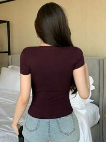 DAZY Summer Bowknot Sports Casual Tight-Fitting Women T-Shirt, Purple Top