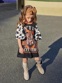 SHEIN Robe à imprimé vache mignon pour jeune fille avec décorations de manches bouffantes surdimensionnées, exprimant le style occidental personnalisé et ludique. Convient aux activités intérieures et extérieures, printemps/été - Multicolore - Voir 7