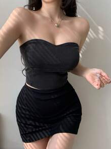 DAZY 女士时尚修身抹胸超短牛仔短款上衣 - 黑色 - 查看 1