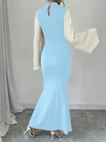 Chiquease Women's Elegant Contrast Color Block Flare Sleeves Stand Collar Mermaid Dress