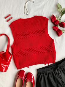 Comfortcana Women's Solid Color Crew Neck Sleeveless Bow Decor Simple Casual Sweater Vest - Red - View 2