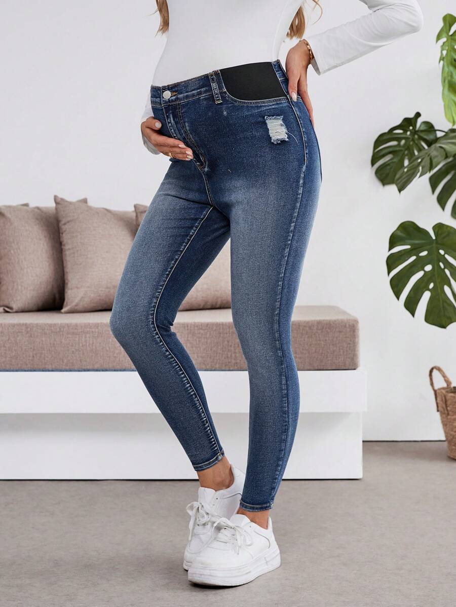 SHEIN Maternity Blue Stretch Distressed Denim Pants - Blue - View 1