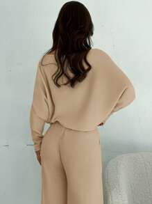 Firerie 2pcs Women Autumn/Winter Casual Slouch Shoulder Knit Pullover Sweater & High Waist Drawstring Pocket Sweatpants Knitted Two-Piece Set - Camel - View 2