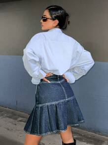 RueChic Casual Washed Pleated Hem Denim Mini Skirt - Medium Wash - View 2