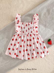 Cozy Pixies Baby Girl Strawberry Pattern Square Neck Ruffle Trim Cinched Waist Dress - Pink - View 6