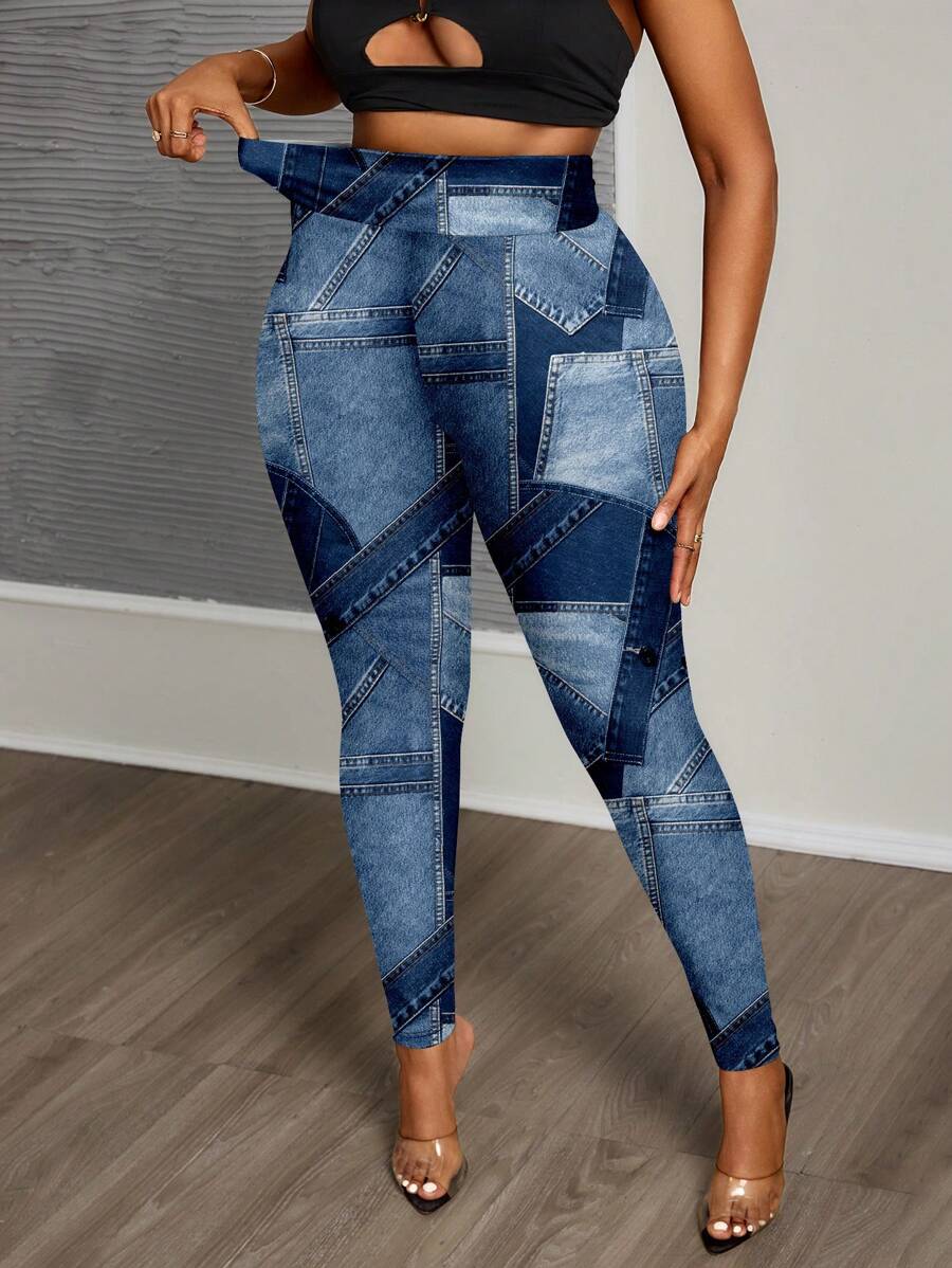 Slaydiva Plus Size Casual Minimalist Full-Print Denim Effect Print Leggings Fall Clothes Winter Clothes