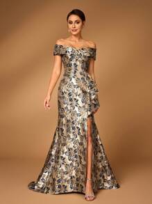 Serin Elegante y hermoso vestido de noche de satén jacquard plisado con estampado floral, con abertura, de estilo sirena, en azul marino, de un solo hombro, para bodas, fiestas, vacaciones, eventos formales y madre de la novia