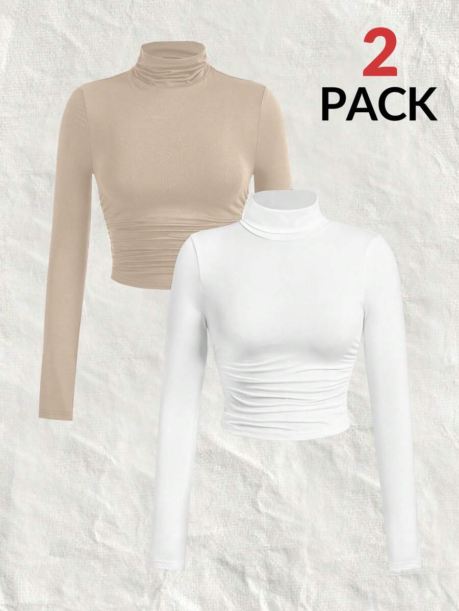 SHEIN EZwear 2 قطعة قميص قاعدي مع رقبة عالية مرن ومطوي لامتصاص الرطوبة مقاس كبير ، خريف/شتاء - كاكي - مشاهدة 1