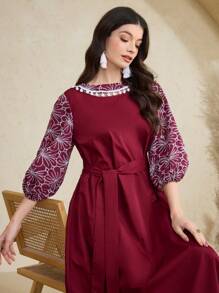 Al Najma Robe abaya pour femmes avec broderie florale modeste, robes longues modestes - Rouge - Voir 6