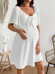 SHEIN Maternity A-Line Short Sleeve Mid-Length Ruffle Sleeve Half-Open Collar Dress