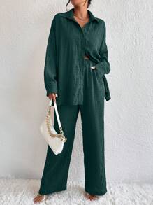 EMERY ROSE Women's Drop Shoulder Long Sleeve Single-Breasted Shirt And Pants Casual 2 Pieces Set