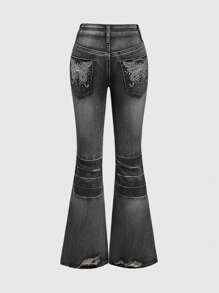 ROMWE Grunge Punk Y2K Vintage Distressed Low Waist Flare Jeans With Butterfly Embroidery And Rhinestone Decoration - Black - View 5