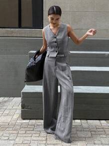 Livesso Conjunto de 2 piezas: Chaleco ajustado sin mangas y pantalones de pierna ancha, Ropa de mujer para otoño - Gris - Ver 5