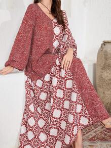 Lacomfia Vestido estampado de manga larga con escote en V y parche, de estilo árabe, modesto - Multicolor - Ver 1