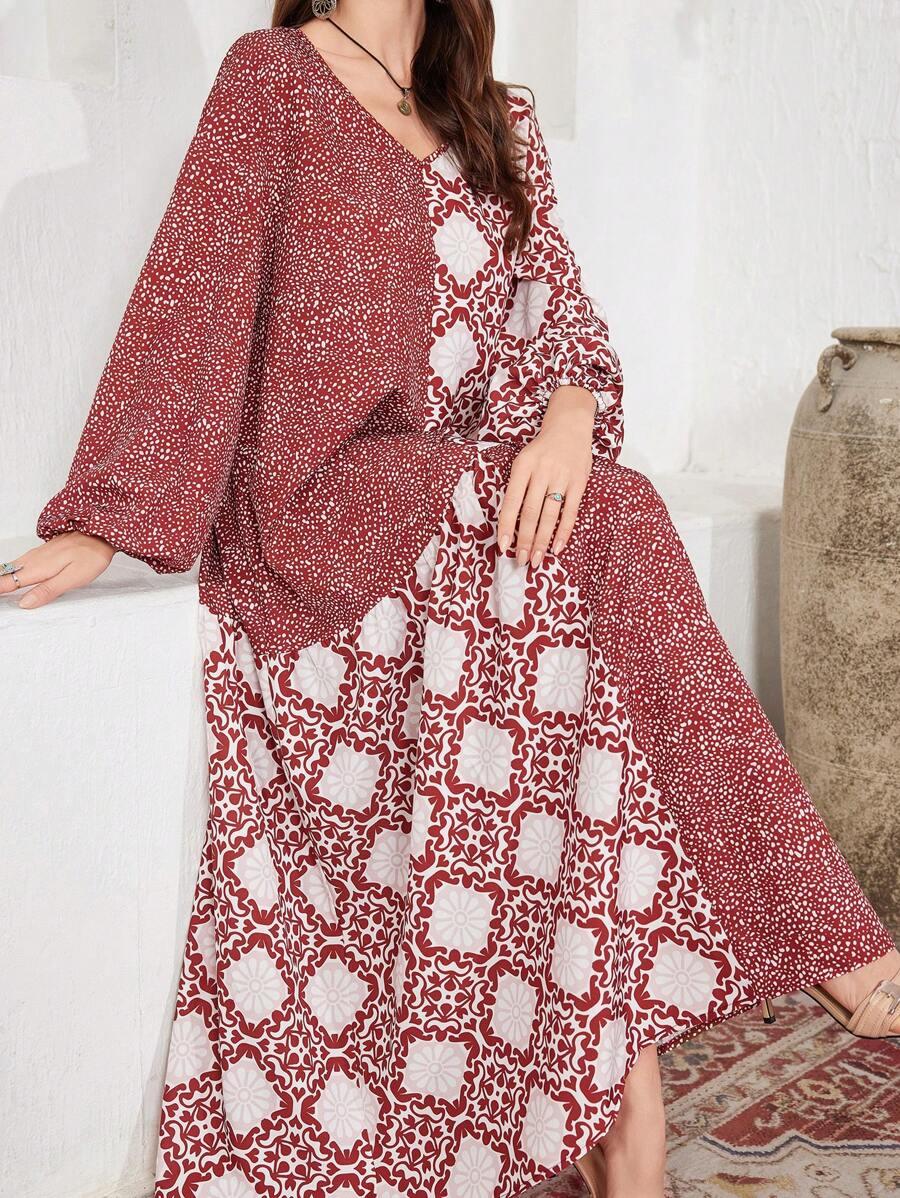 Lacomfia Vestido estampado de manga larga con escote en V y parche, de estilo árabe, modesto - Multicolor - Ver 1
