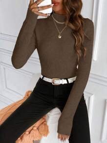 Chiquease Solid Color Casual Turtleneck Long Sleeve Pullover Sweater Knit Pullover Fall Winter Outfit - Brown - View 3