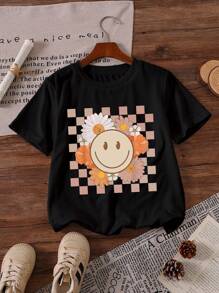 少女简约时尚休闲日常图案 T 恤 - 黑色 - 查看 1