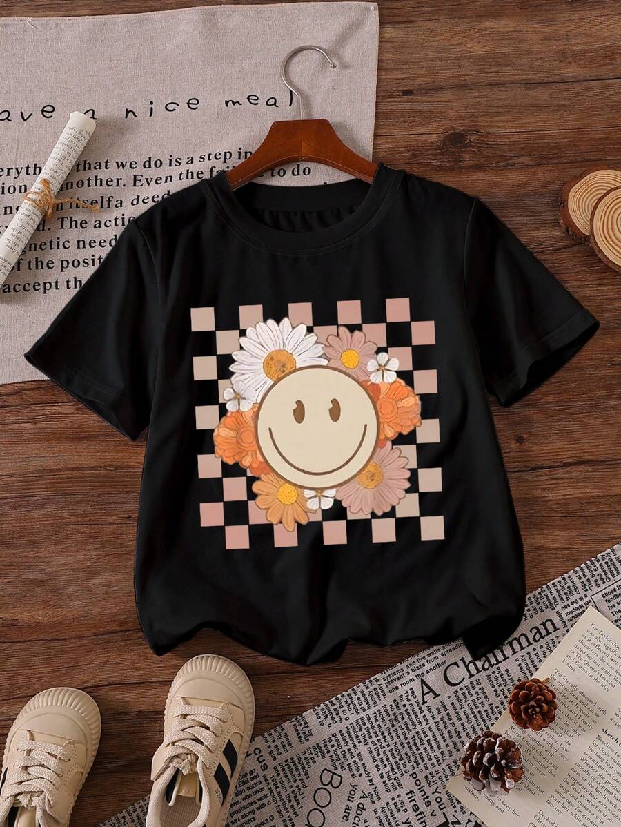 少女简约时尚休闲日常图案 T 恤 - 黑色 - 查看 1