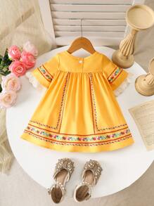 SHEIN 女婴春夏休闲风格花朵印花短袖连衣裙