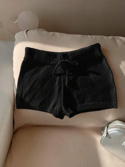 SHEIN PETITE 纯色高腰抽绳休闲毛衣短裤套装