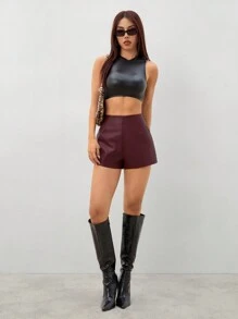 SHEIN PETITE Women's Shorts Vintage Burgundy Sexy Leather PU Mini Shorts For Party Halloween Outfits Christmas Outfits Thanksgiving Outfits Sexy Siren Office Outfits