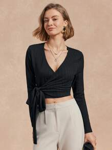 Chiquease Women Plain Color Long Sleeve Lace-Up Casual Blouse, Everyday Wear