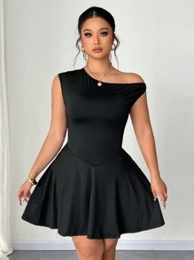 SHEIN Unity Plus Size Women's Stretch Bodycon Mini Dress, Oblique Sleeveless - Black - View 3