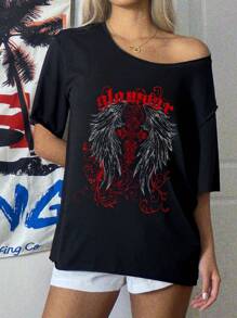 Attitoon 休闲简约翼与配英文文字落肩女式T恤，适合夏季