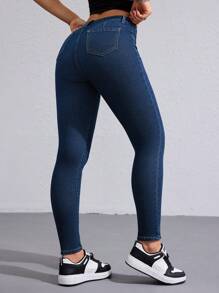 Flexra 女士时尚休闲斜口袋紧身牛仔裤 - 深色水洗藍 - 查看 3