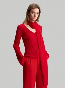 Ontre 女式红色 90 年代风格休闲罗纹针织 V 领毛衣，2025 年新品系列 - 紅色 - 查看 5