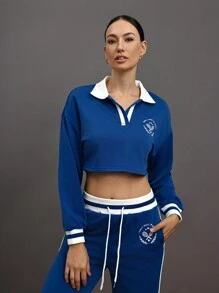 Activina Sudadera corta con efecto de bloque de color e impresión de eslogan - Azul Marino - Ver 1