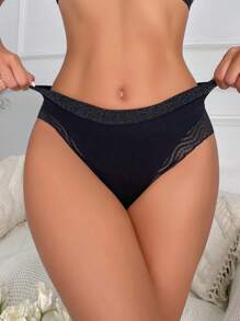 1 pièce Culotte tanga sans couture en dentelle de luxe pour femmes - Noir - Voir 4