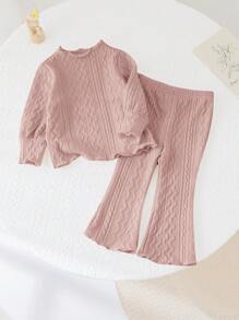 SHEIN Baby Girl Apricot Wave Hem Long Sleeve Top And Elastic Waist Flared Pants Set, Autumn/Winter - Pink - View 3