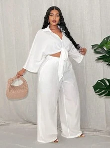 Slaydiva Bộ đồ thể thao nữ cỡ lớn kiểu mới, thoải mái, gợi cảm/tối giản gồm áo sơ mi tay lỡ 3/4 thắt nơ và quần ống đứng, phù hợp cho mùa xuân hè và các kỳ nghỉ. - trắng - Xem 4