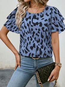 EMERY ROSE Women Leopard Print Ruffle Hem Round Neck Short Sleeve Blouse