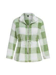 SHEIN LUNE Plus Size Front Zip Up Long Sleeve Plaid Minimalist Jacket, Casual Everyday Wear - Multicolor - View 1