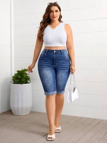 Firerie Plus Size Front Button Pocket Simple Fitted Casual Denim Shorts - Medium Wash - View 4